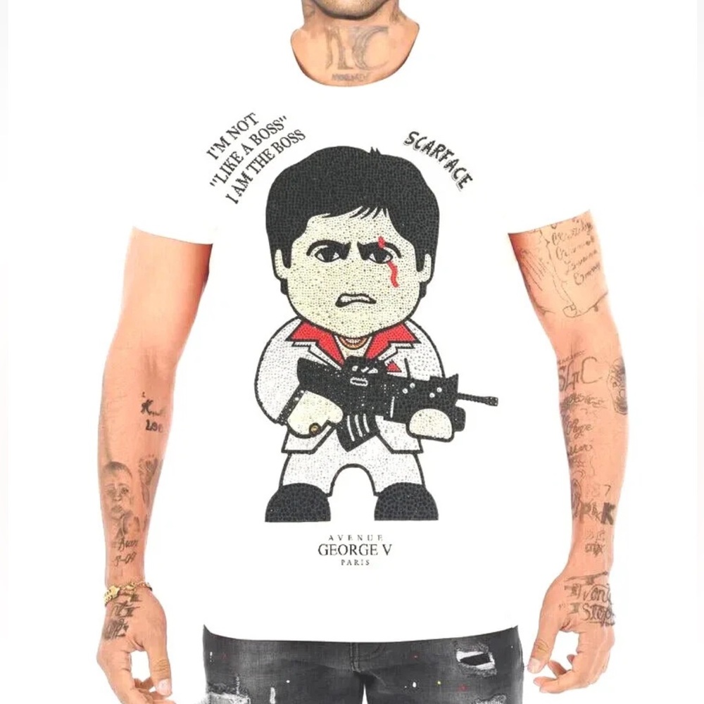Avenue George V Paris Scarface T-Shirt Rhinestone Tony Montana Men's White Tee
